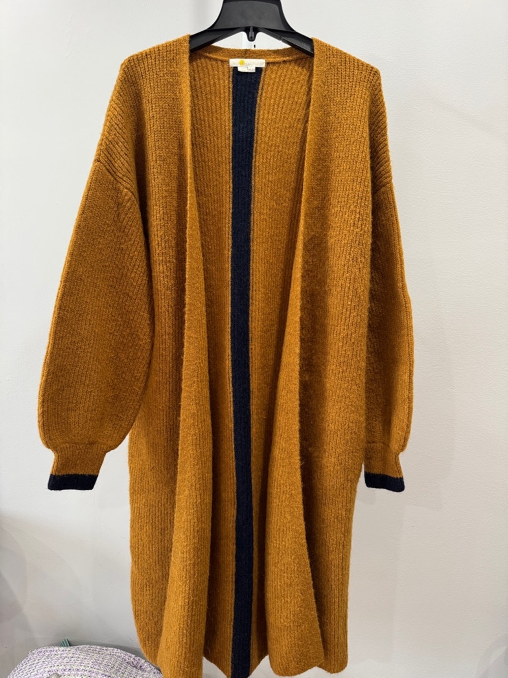 Boden Open-Front Long Cardigan in Mustard with Black Trim